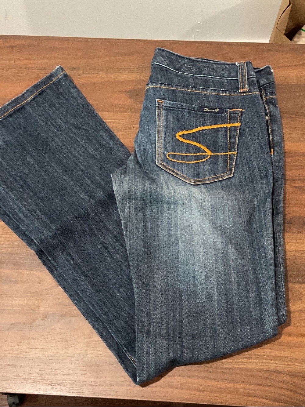 Seven7 Women's Dark Blue Flare Jeans with Contrast Yellow Stitching